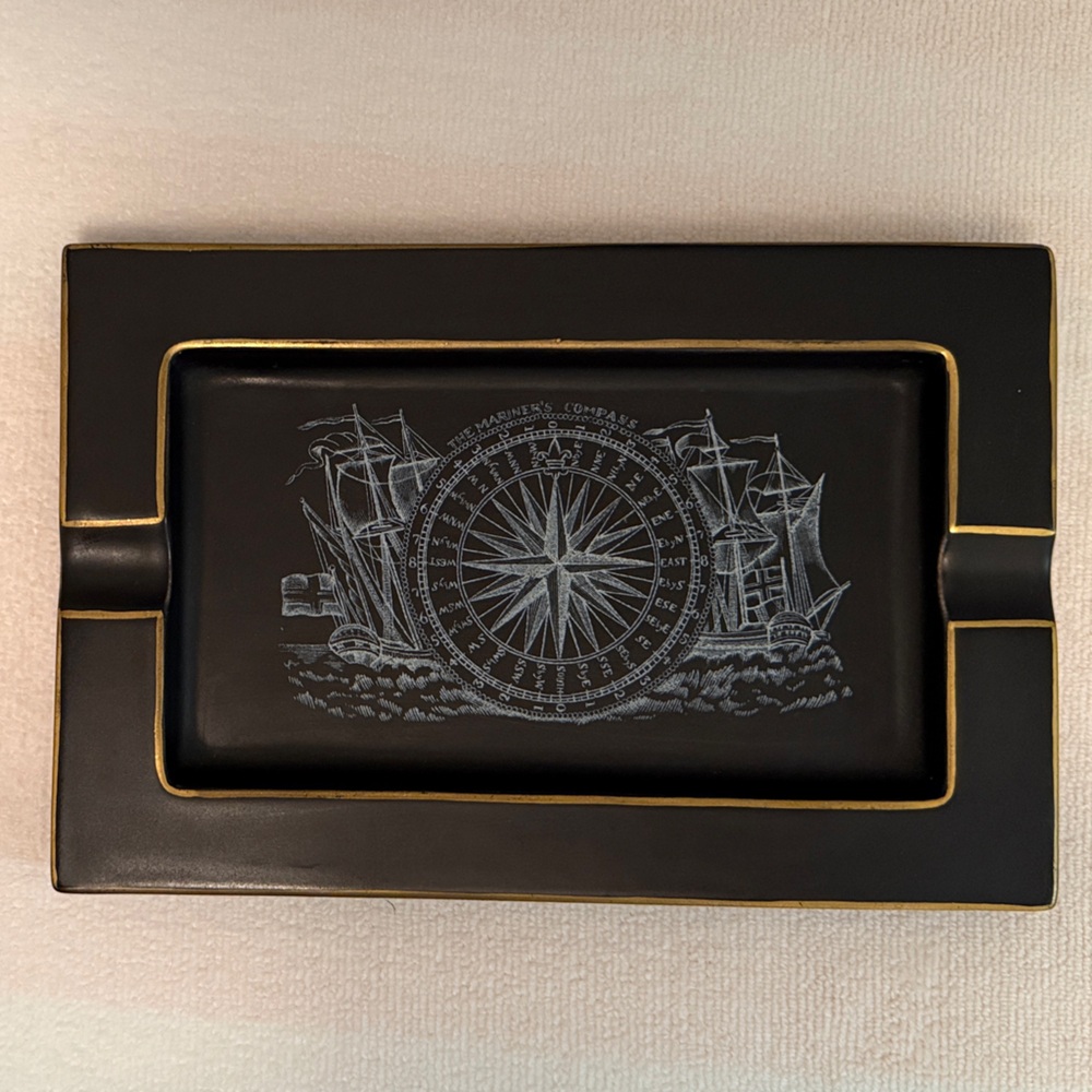 Vintage Sandland Hanley England Black and Gold Mariner’s Compass Tray